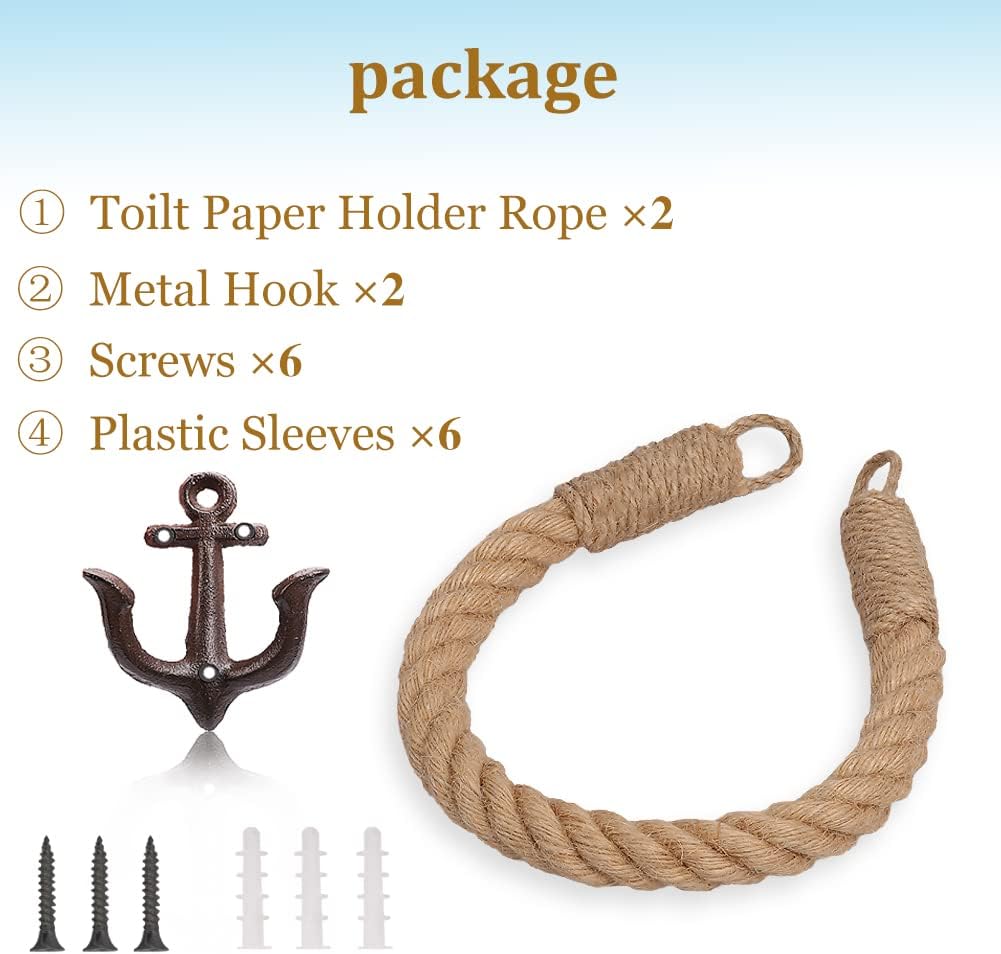 2 Pcs Nautical Rope Toilet Paper Holder Wall-Mounted Towel Ring Nautical Toilet Paper Holder with Metal Hooks Coastal Towel Rack Natural Antique Rope(Black+Black)