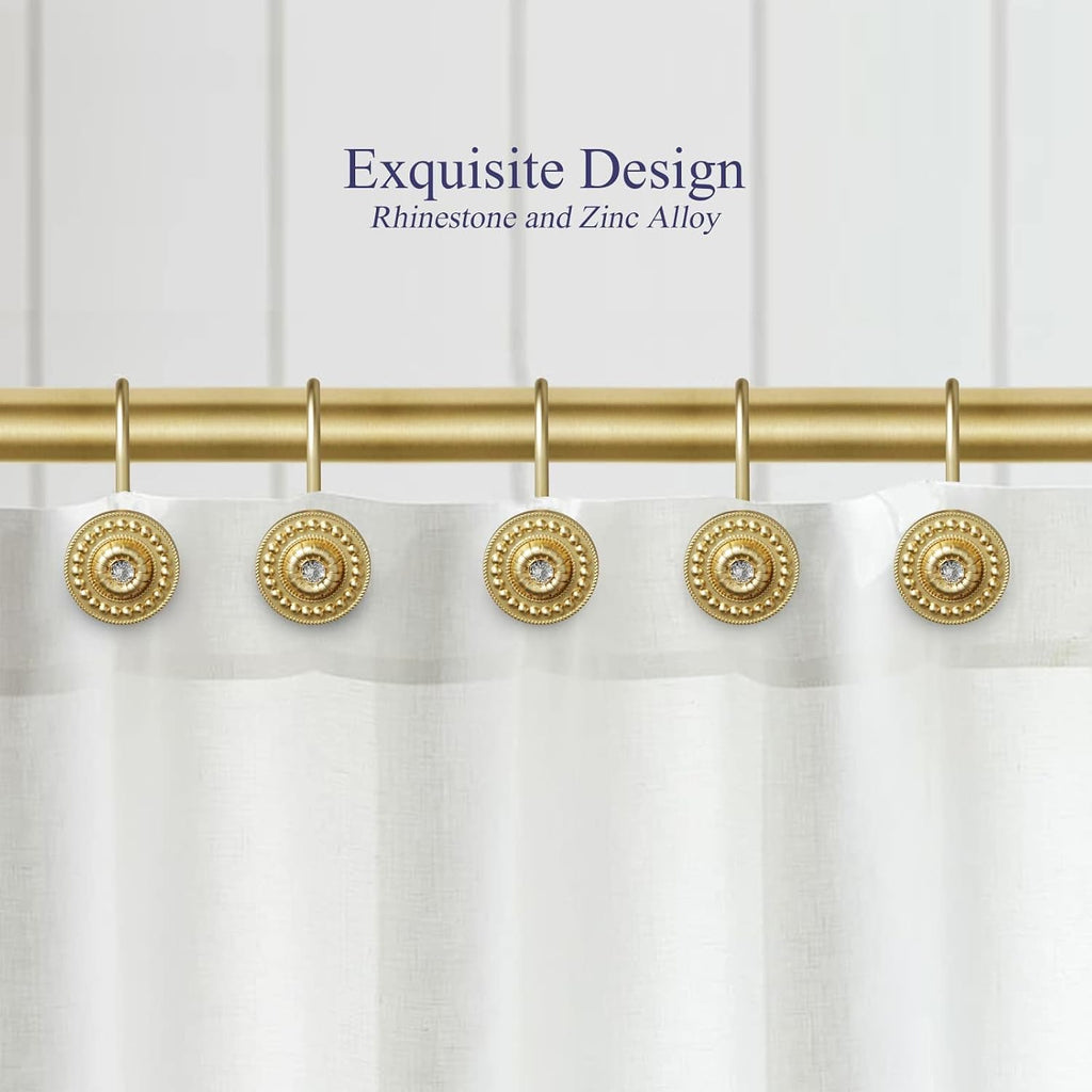 Gold Rhinestone Shower Curtain Hooks, 12 Pack Rustproof Metal Rings