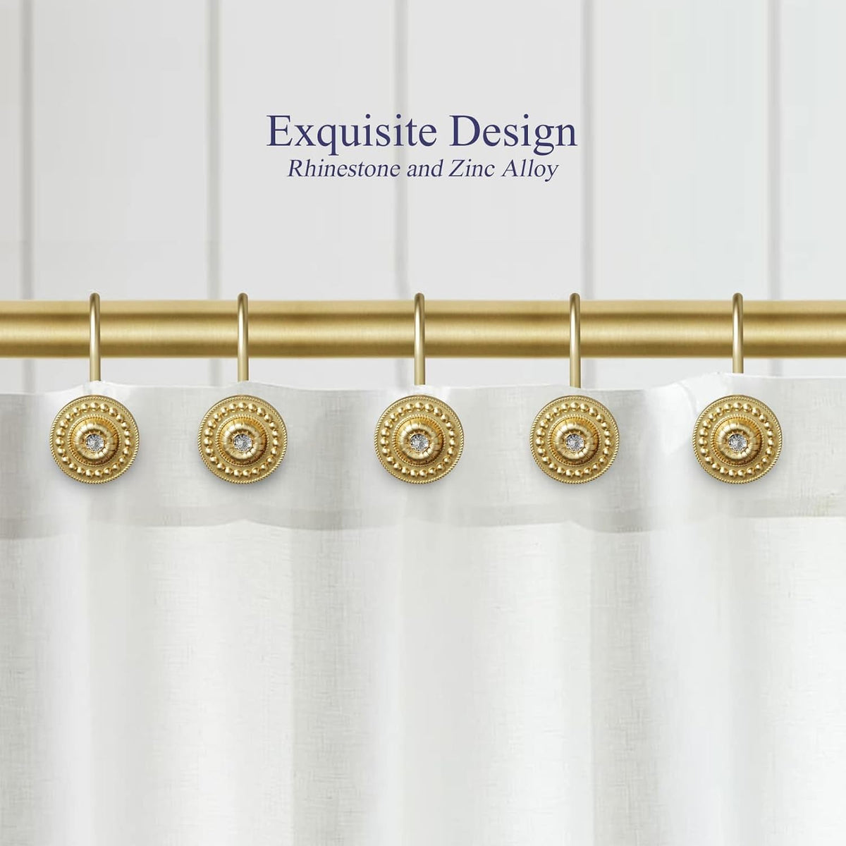 Gold Rhinestone Shower Curtain Hooks, 12 Pack Rustproof Metal Rings