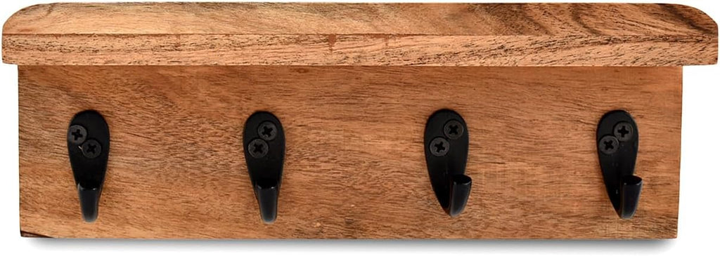 NIRMAN Acacia Wood Rustic Key Holder for Wall, Farmhouse Wall Shelf with 4 Hooks for Entryway Farmhouse Kitchen (10" x 3.5" x 3.5")
