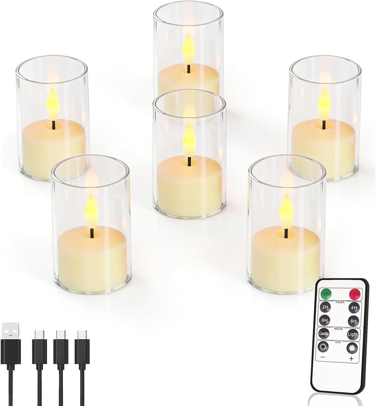 Rechargeable Flameless Tea Light Candles with Remote Timer,Clear Acrylic LED Votive Candles,USB-C Fast Charging,60+ Hour Runtime,Dimmable Flickering&Steady Glow for Home,Wedding,Holiday Decor,6 Pack