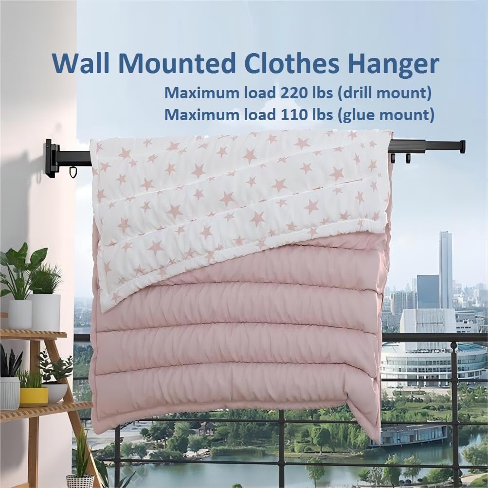 MANYHORSES Retractable Clothes Drying Rack,Wall Mounted Clothes Hanger Rack,Tri-Fold,Space-Saver,Collapsible Drying Racks for Laundry,Balcony,Mudroom,Bathroom (Windproof Ring-Black)