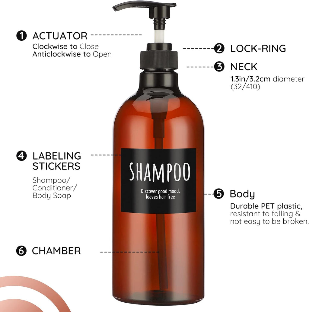 Empty Plastic Bottles with Labels, Segbeauty 33.8oz Large Brown Shampoo Conditioner Reusable Dispenser, 2 Packs of 1000ml Refillable Shower Lotion Pump Press Bottles for Bathroom Hand Soap Body Wash