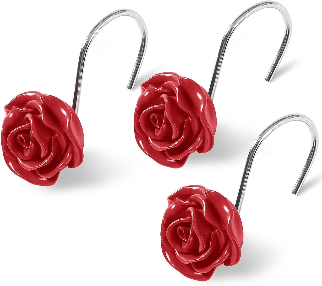 Cute Rose Floral Shower Curtain Hooks Rings for Bathroom,Red 12PCS