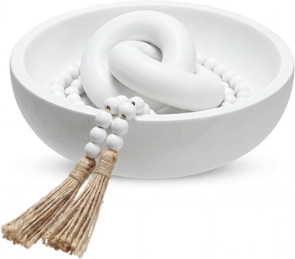 Novabright Farmhouse Wooden Decorative Bowl Set with Chain Beads, White