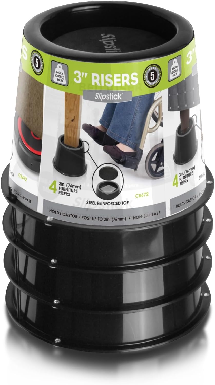 Slipstick CB672 Premium 3 Inch Bed Risers/Furniture Raisers with Steel Reinforced Caster Wheel Holder Top, Lifts Height 3" (4 Pack) Supports 2,640 Pounds, Black, Stackable with CB671