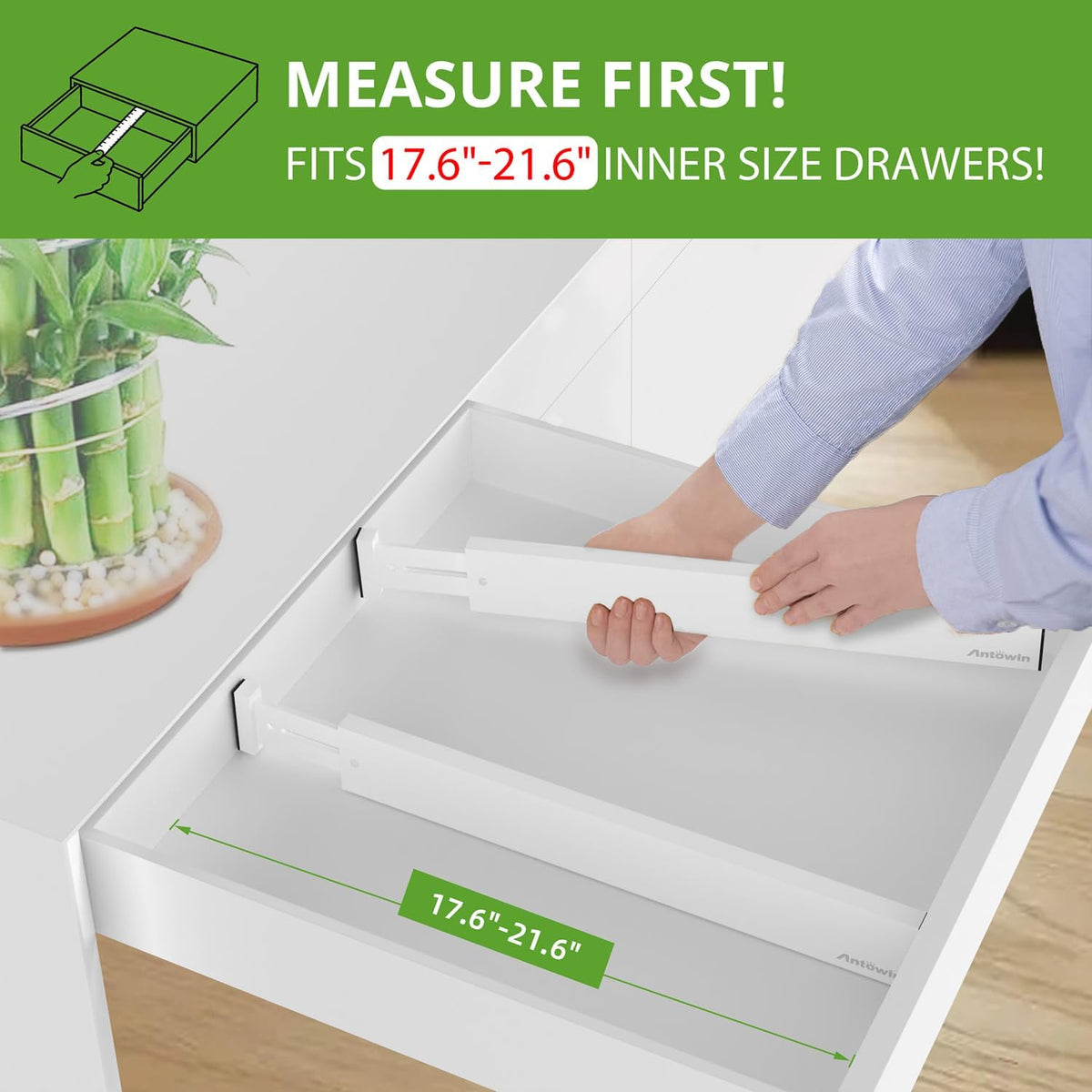 ANTOWIN 6Pcs Expandable Bamboo Drawer Dividers, Fits 17.6-21.6" Drawers