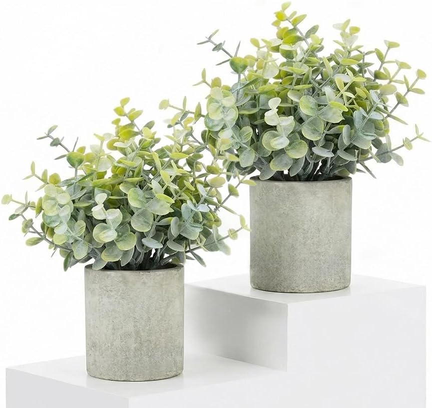 2 Pack Small Fake Eucalyptus Faux Potted Artificial Plants for Home Decor