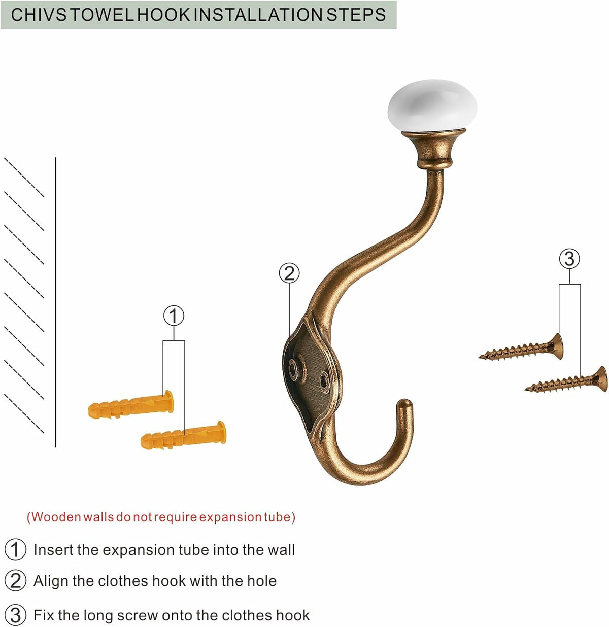 CHIVS Coat Hooks- 5 Pack Antique Brass Towel Hooks