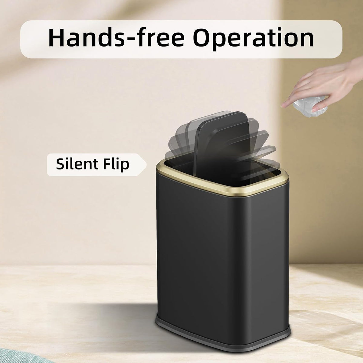 8L/2.1 Gallon Small Bathroom Trash Can with Lid, Swing-Top Rectangular Waste Bin, Stainless Steel Garbage Can for Home, Office, Toilet, Bedroom, Living-Room (Black)