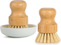 GREENTH PRO Bamboo Dish Brush-2 Pack Nature Sisal Scrubber Brush with Ceramics Holder-Wooden Brush for Pot,Dish and Vegetables