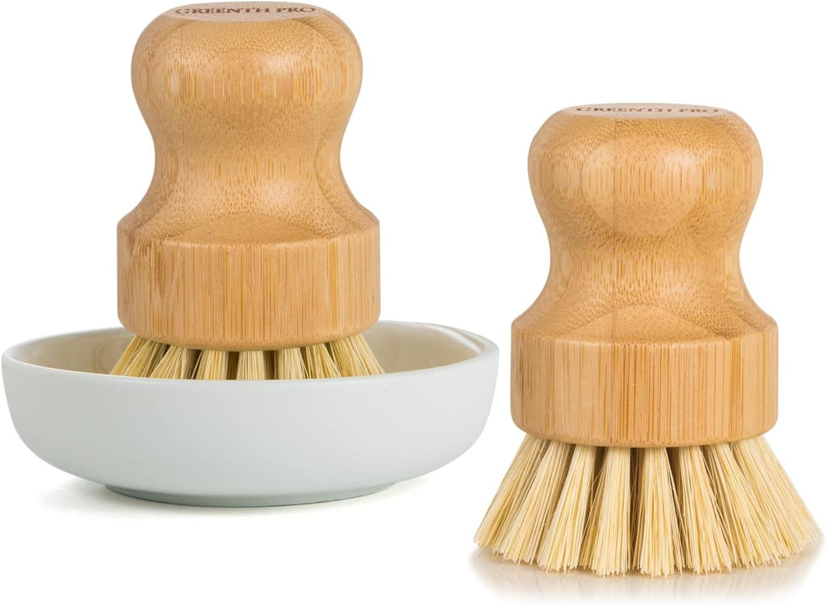 GREENTH PRO Bamboo Dish Brush-2 Pack Nature Sisal Scrubber Brush with Ceramics Holder-Wooden Brush for Pot,Dish and Vegetables