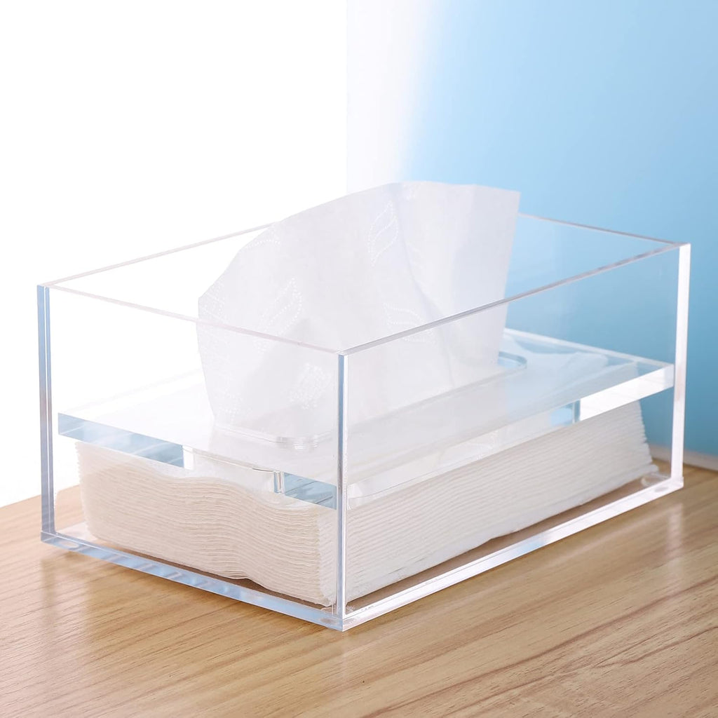 SANRUI Clear Acrylic Facial Tissue Box Cover Holder with 8mm Top Lid Rectangle Napkin Dispenser Organizer for Bathroom, Kitchen and Office Desk