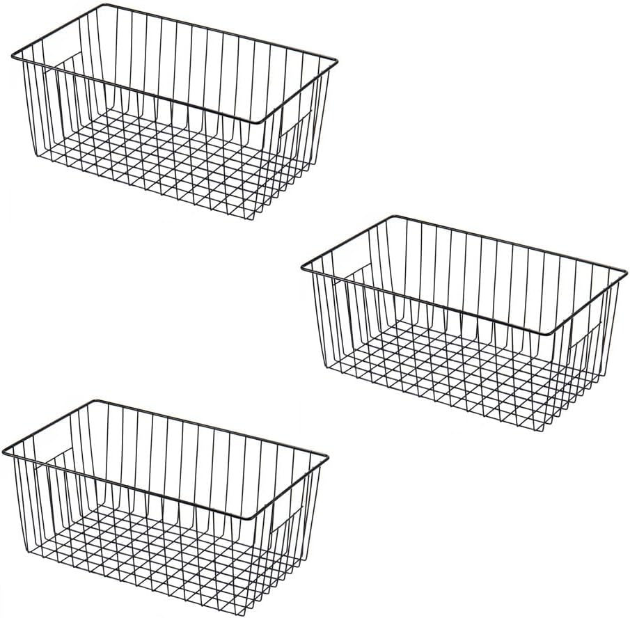16" L x 12" W Wider Freezer Storage Organizer Baskets Container, Metal Wire Chest Upright Refrigerator Divider Bins with Built-in Handles for Cabinet, Pantry, Closet, Kitchen, Black