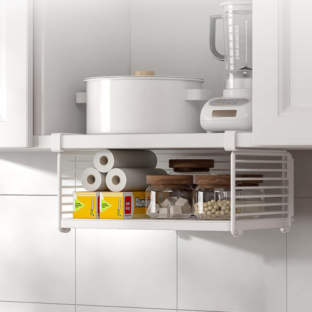 Under Cabinet Organizer, 12.2" Slide Out Storage Basket, Metal Wire Hanging Rack for Kitchen Pantry, Closet, Office, Bathroom, Space Saving White Metal Shelf, White-1 Pack