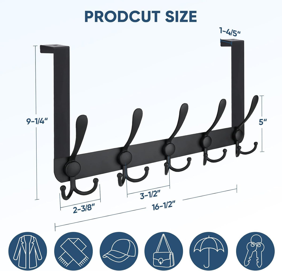 TICONN Over The Door Hooks, 5 Heavy Duty Tri Coat Rack All Metal Coat Hanger for Bathroom Bedroom Dorm (Matte Black, 1PK, Fit 1-3/4" Doors)
