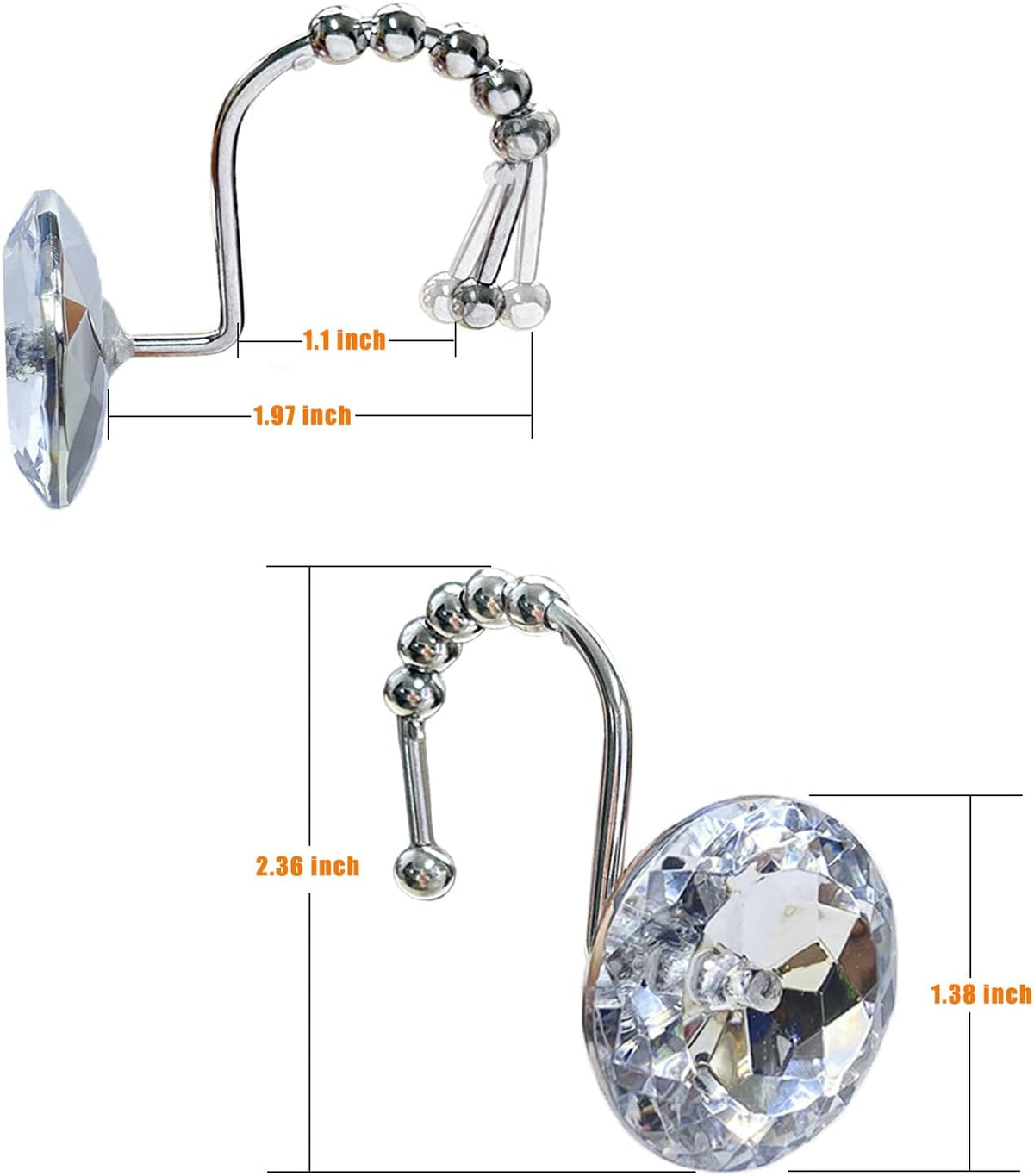Romantic Angels 12PCS Shower Curtain Hooks Rings for Bathroom, Durable Metal Rust Resistant Decorative Rhinestones Shower Curtain Hooks for Shower Curtains and Shower Rod (Silver)