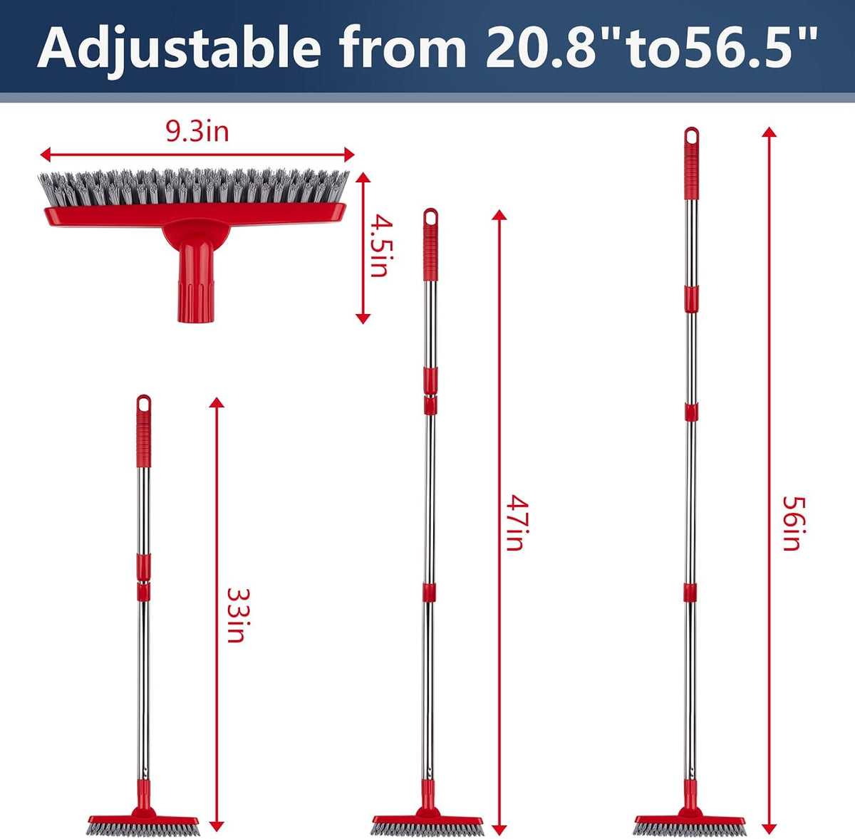 2 Pack Grout Brush with Long Handle, Swivel Cleaning Grout Line Scrubber - Extendable Durable Handle Grout Cleaner Brush for Bathroom,Tile,Baseboard,Walk in Shower,Corner & Narrow Space (Red)