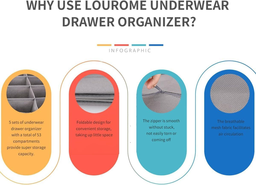 Lourome Underwear Drawer Organizer, 10-Pack, for Socks, Bras, Tie, Grey