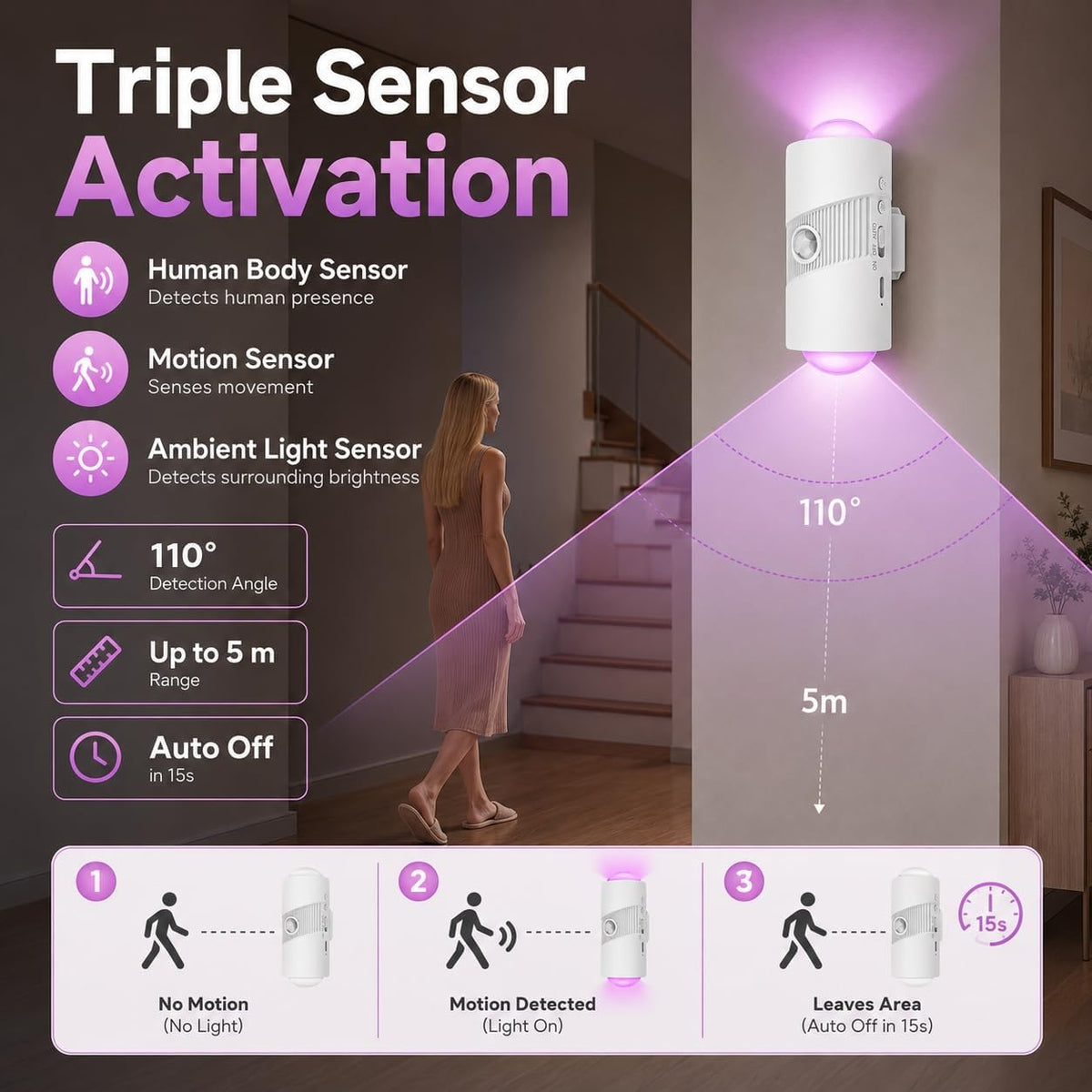 2 Pack Motion Sensor Night Lights, 8 Colors, 4 Brightness Levels