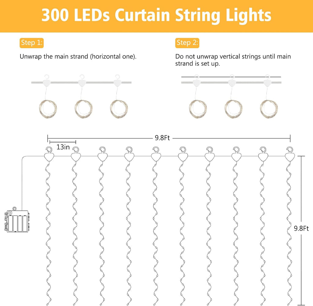 echosari Curtain Lights Battery Operated 9.8 x 9.8Ft with Timer Warm White