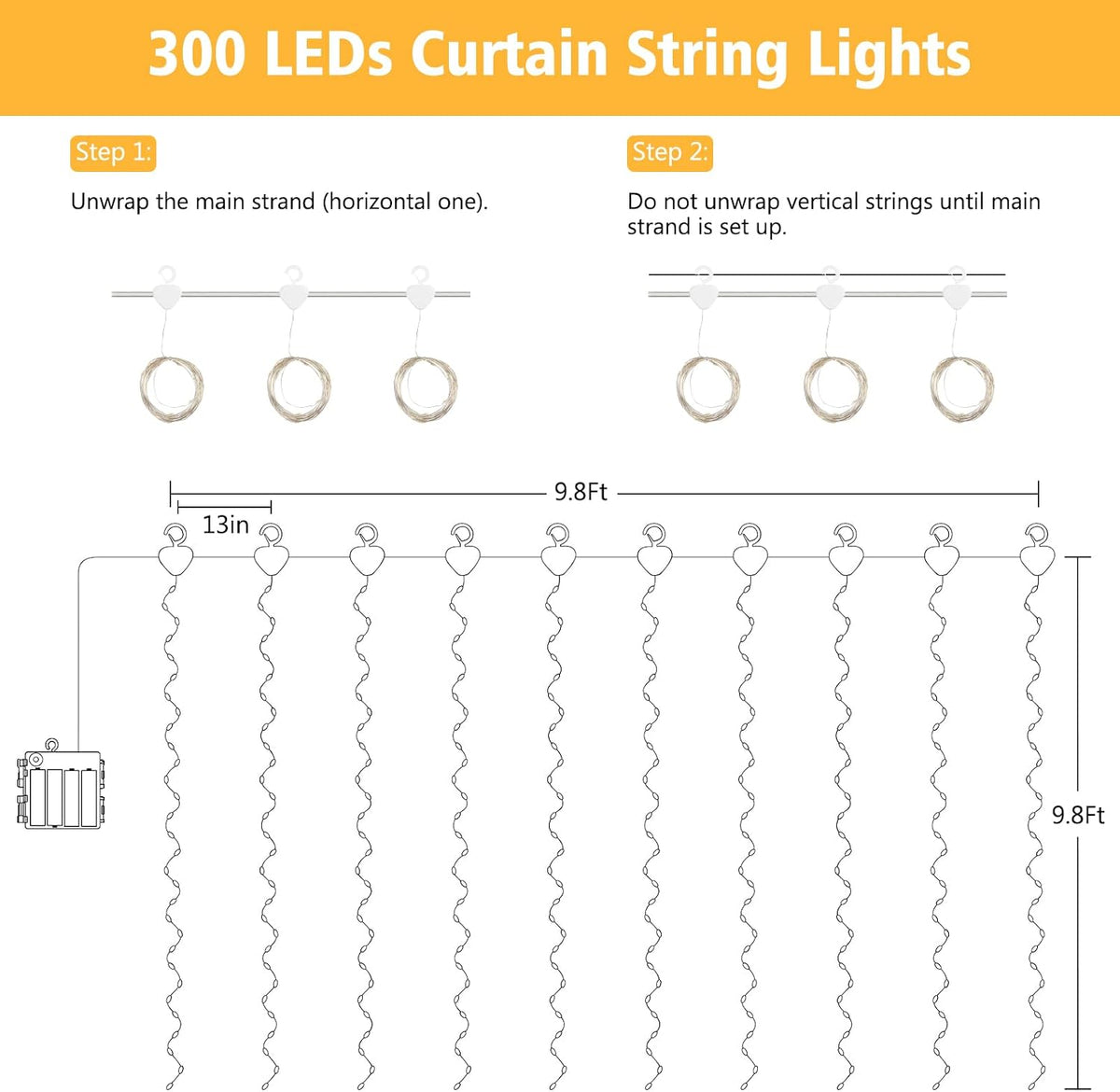 echosari Curtain Lights Battery Operated 9.8 x 9.8Ft with Timer Warm White