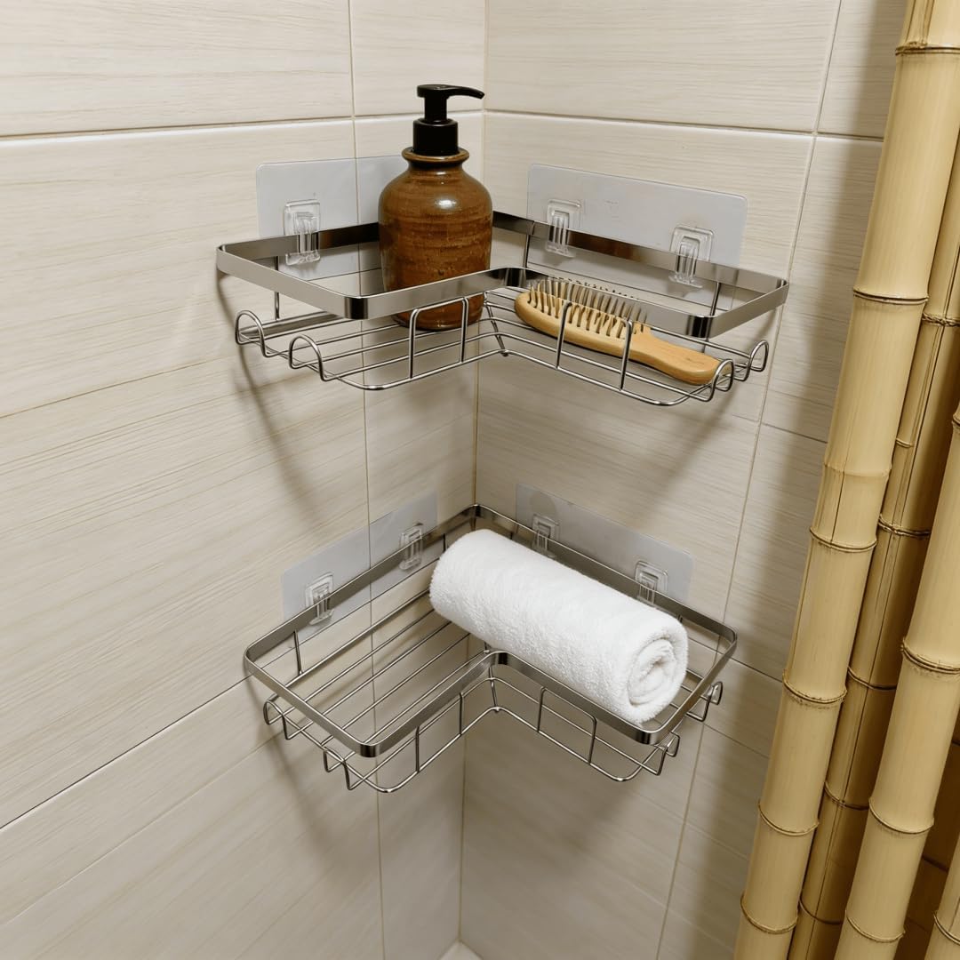 Shower Caddy 2 Pack, Stainless Steel No Drilling Adhesive Bathroom Organizer Shelf Rack, Corner Shower Shelf with Hooks for Home Decor & Storage