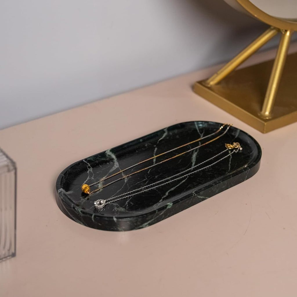Emerald Green Marble Tray | Bathroom Jewelry Organizer | Spa-Quality Perfume Tray for Dresser, Nightstand, Makeup Table | Natural Stone & Non-Slip Base,9.8"x4.7"x0.6"