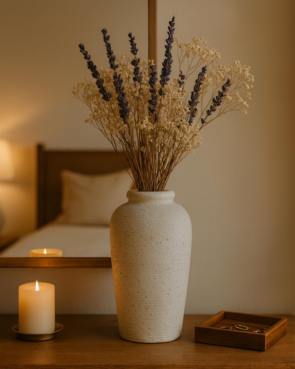 Large Beige Ceramic Vase, 11 Inch Ribbed Speckled Rustic Vase for Decor