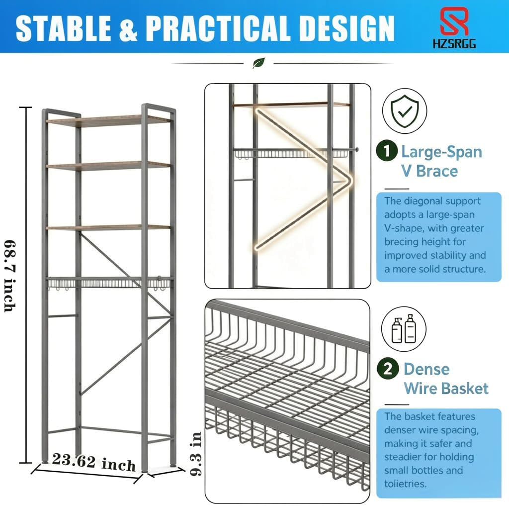 Over The Toilet Storage, 4-Tier Bathroom Organizer with V-Shaped Support & Pre-Welded Frame, Freestanding Rustproof Shelf with Toilet Paper Holder, Heavy Duty, 60" Tall, Grey