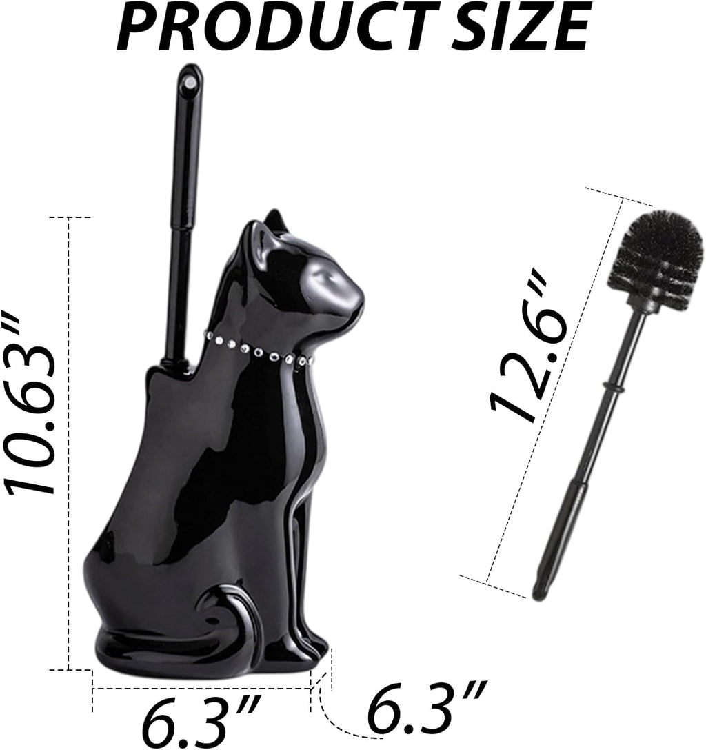 Comeon Ceramic Cat Toilet Brush and Holder Set, Plastic Handle, Black