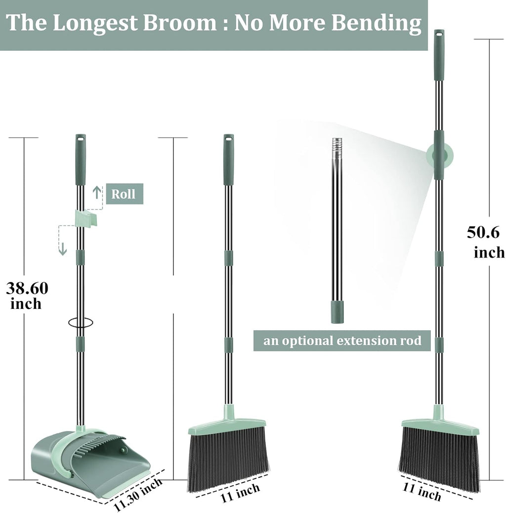 Ivandar Broom and Dustpan Set for Home, Dust pan with Long Handle, Broom with Dustpan Combo Set, for Home Kitchen Room Office Lobby Floor Use Upright Stand Up Sweeping (Gray&Green)