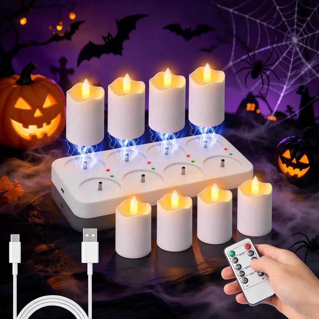 Rechargeable Flameless Tea Lights Candles with Remote Timer, 8 Pack 1.5" x 2.6" LED Candles with Charging Base, Flickering Battery‑Operated Tealights for Home, Wedding, Halloween & Christmas Decor