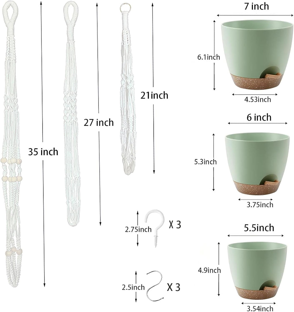 Hanging Planters with Macrame Plant Hangers for Indoor Outdoor Plants, 3 Set Hanging Baskets Flower Pots Holders 35''/27''/21'', Self-Watering Pots 7''/6''/5.5'', Boho Home Decor, Green