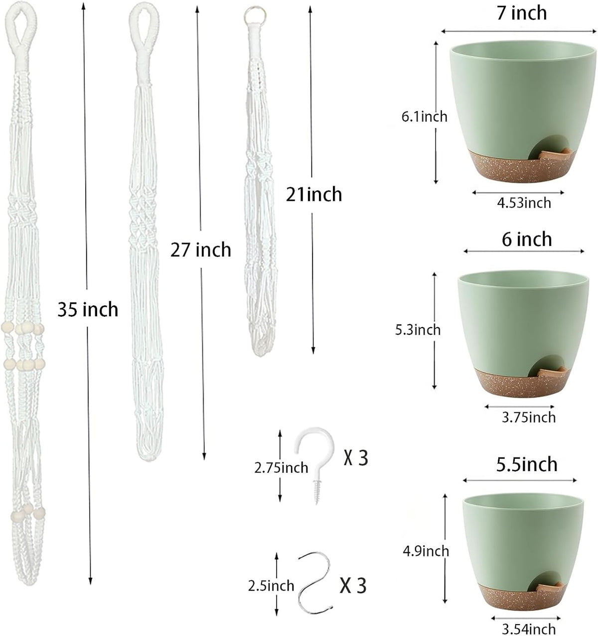 Hanging Planters with Macrame Plant Hangers for Indoor Outdoor Plants, 3 Set Hanging Baskets Flower Pots Holders 35''/27''/21'', Self-Watering Pots 7''/6''/5.5'', Boho Home Decor, Green
