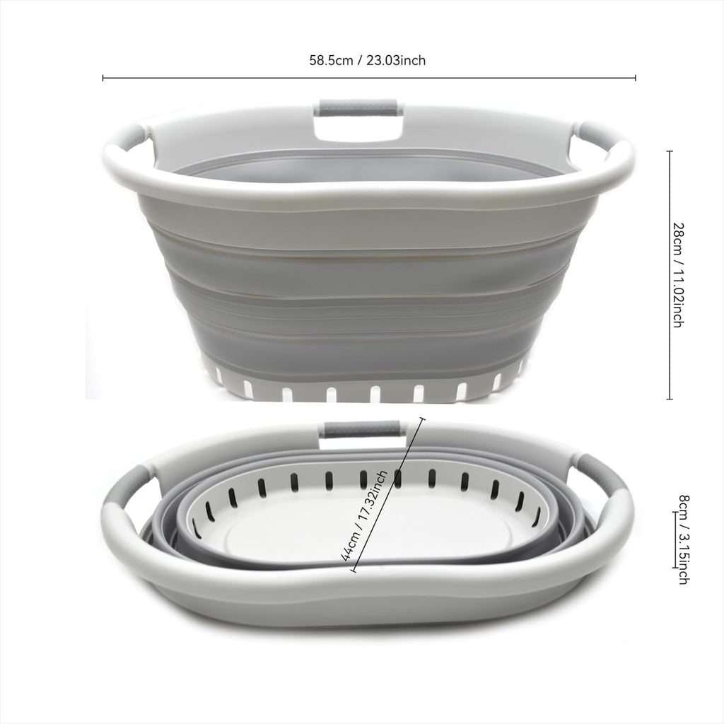 SAMMART 36L (9.5 gallon) Collapsible 3 Handled Plastic Laundry Basket-Foldable Pop Up Storage Container/Organizer-Space Saving Basket (3 handled Oval, Grey/Grey)