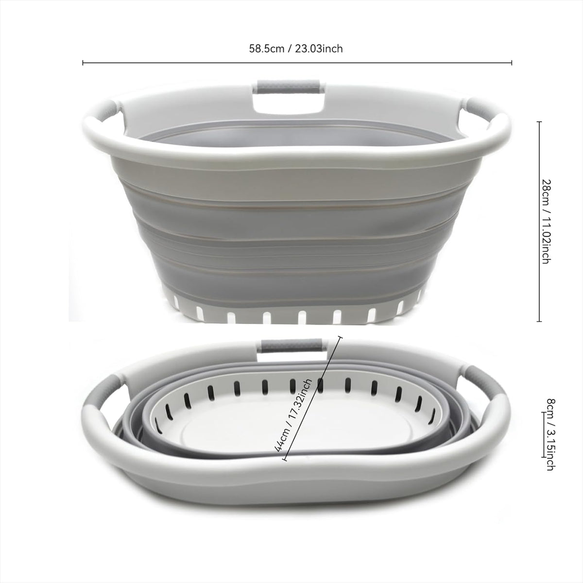 SAMMART 36L (9.5 gallon) Collapsible 3 Handled Plastic Laundry Basket-Foldable Pop Up Storage Container/Organizer-Space Saving Basket (3 handled Oval, Grey/Grey)