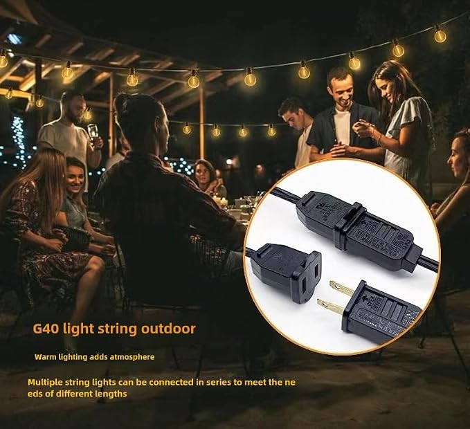 Outdoor String Light 50FT Patio Black with 52 Shatterproof G40 LED Clear Globe Bulbs for Indoor/Outdoor, Connectable Hanging Lights for Backyard Balcony Party Decor