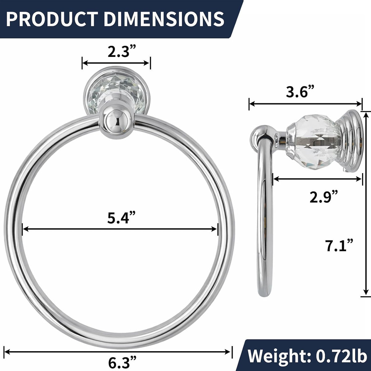 Silver Towel Ring with Crystal, Round Hand Towel Holder for Bathroom