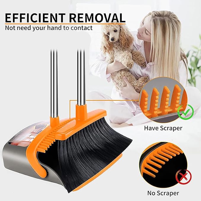 2 Pack is More economical,Upgraded Broom and Dustpan,with 52" Long Handle, Dustpan Teeth with self-Cleaning Function, Indoor and Outdoor Sweeping, Perfect for Home Office (Large Size/Orange /2-Pack)