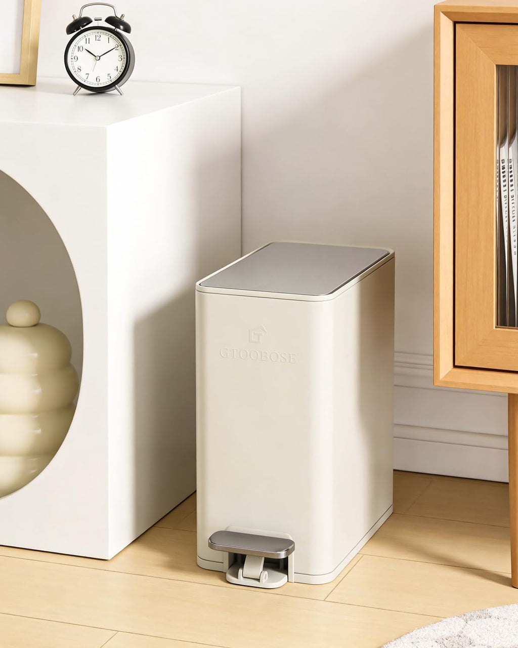 10L/2.6G Slim Bathroom Trash Can, Narrow Stainless Steel Soft-Close Step Pedal Bin with Lid, Odor Control Carbon Box, Removable Inner Bucket, Small Waste Bin for Bedroom, Office, RV (White)
