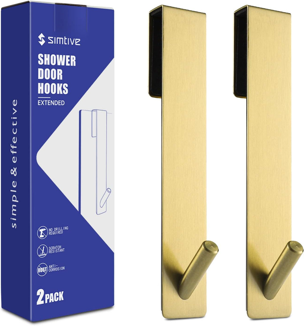 Simtive Extended Shower Door Hooks (7-Inch), Towel Hooks for Bathroom Frameless Glass Shower Door, 2-Pack, Gold