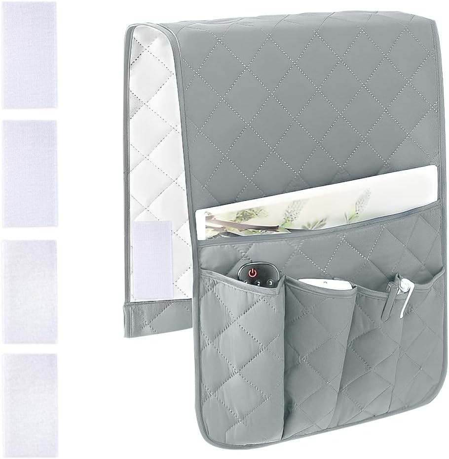 RETON Sofa Armrest Organizer 5 Pockets & 8 Hook‑and‑Loop Fasteners (Gray)