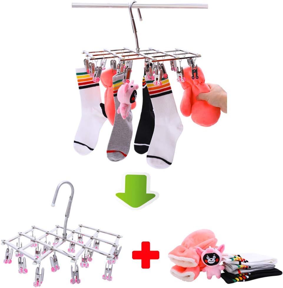 Drying Hanger,Hanging Drying Rack,Drip Hanger Stainless Steel with 18 Pegs for Laundry Underwear Socks Bra Panty,Quickly Remove Clothes from Hanger,Windproof,Folding Portable,Green