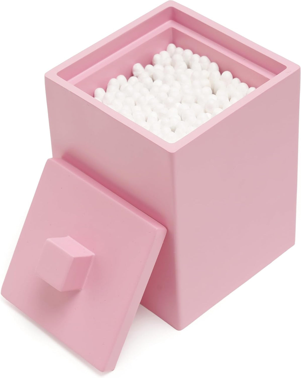 Bathroom Q Tip Holder with lid, Resin ,Square (Matte Pink)