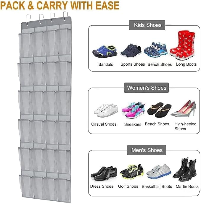 Over the Door Shoe Organizer Shoe Rack for Door Hanging Shoe Organizer (Grey, 24 pockets)