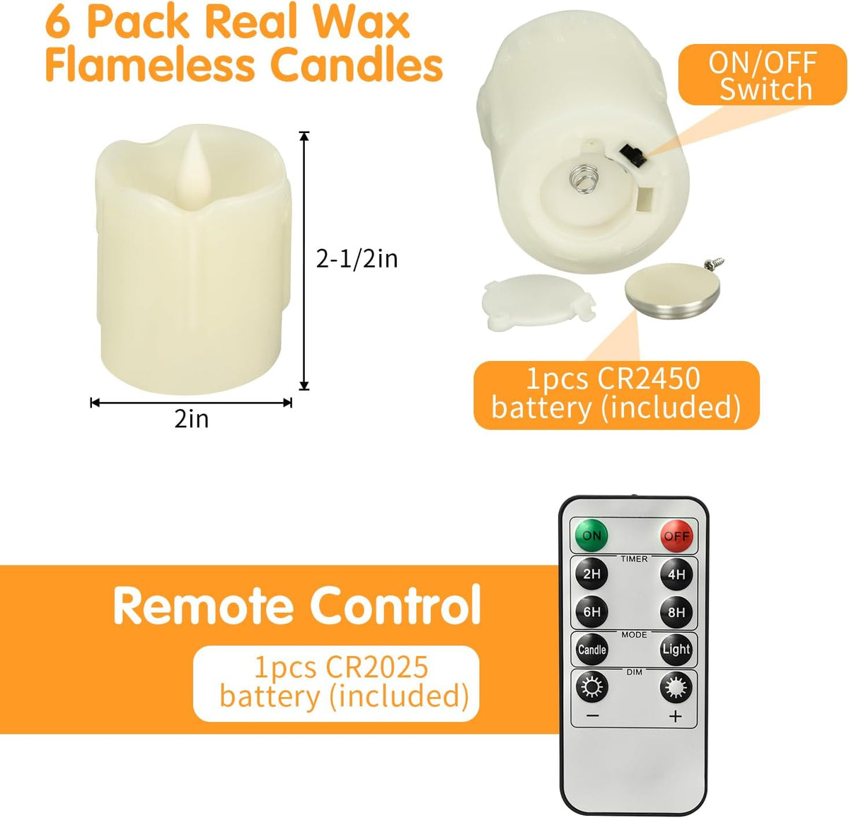 6 Pack Real Wax Flameless Candles with Remote, 2" x 2.5", Last 240H