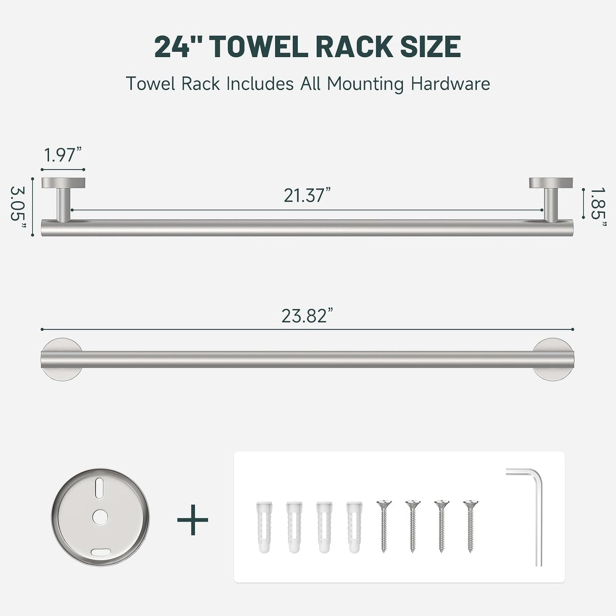 24 Inch Towel Rack for Bathroom, Brushed Nickel
