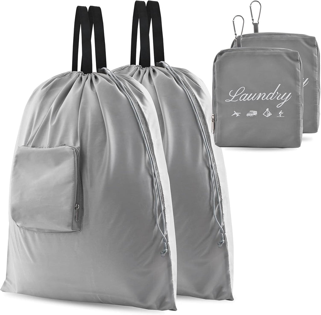 2 Pcs Travel Laundry Bags, JHX Dirty Clothes Organizer【Upgraded】with Handles and Aluminum Carabiner, Collapsible Laundry Bag for Travel, Camp, Fitness, and Students（Grey） 24"L x 21"W