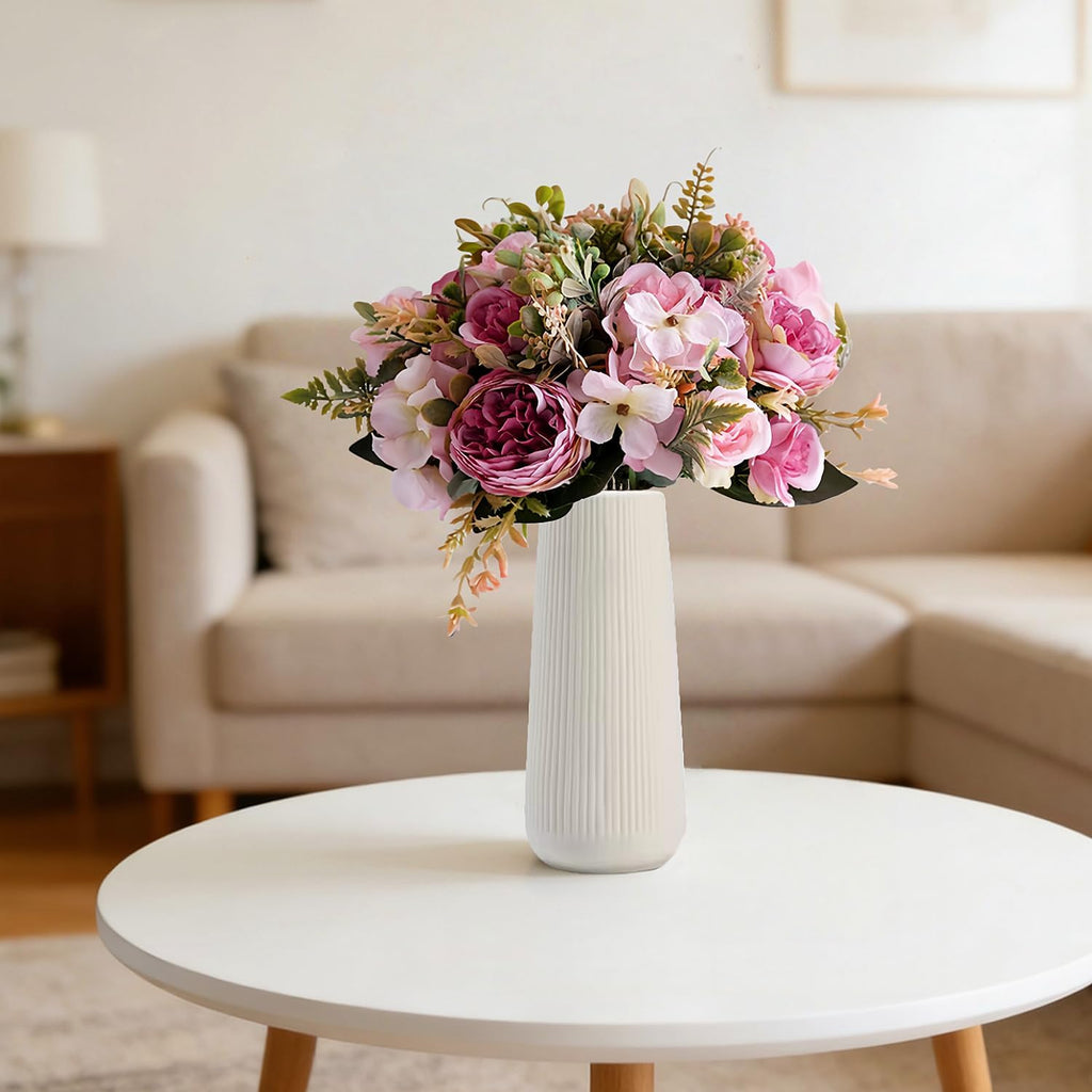 Ceramic Vase for Flower, Pampas Grass Vase, 7.8''H Ribbed Decor Vase, White